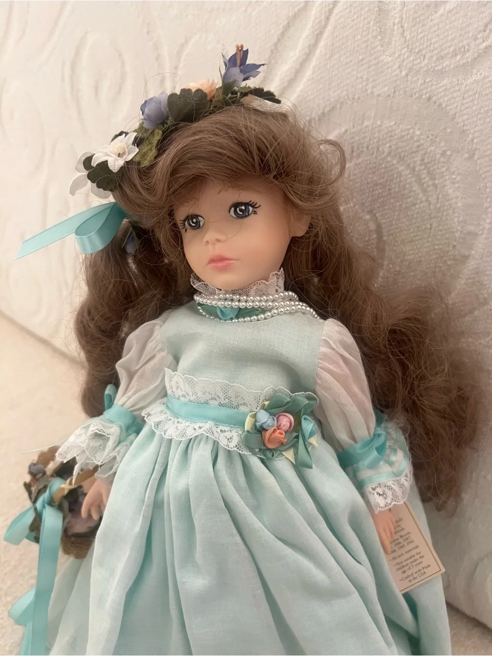 Vintage Collectible Mint Green Porcelain Doll Floral Headpiece BasketCollectible